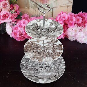 Handmade 3-Tier Brown Transferware Farmhouse Cake Stand Tea Party Christmas Gift